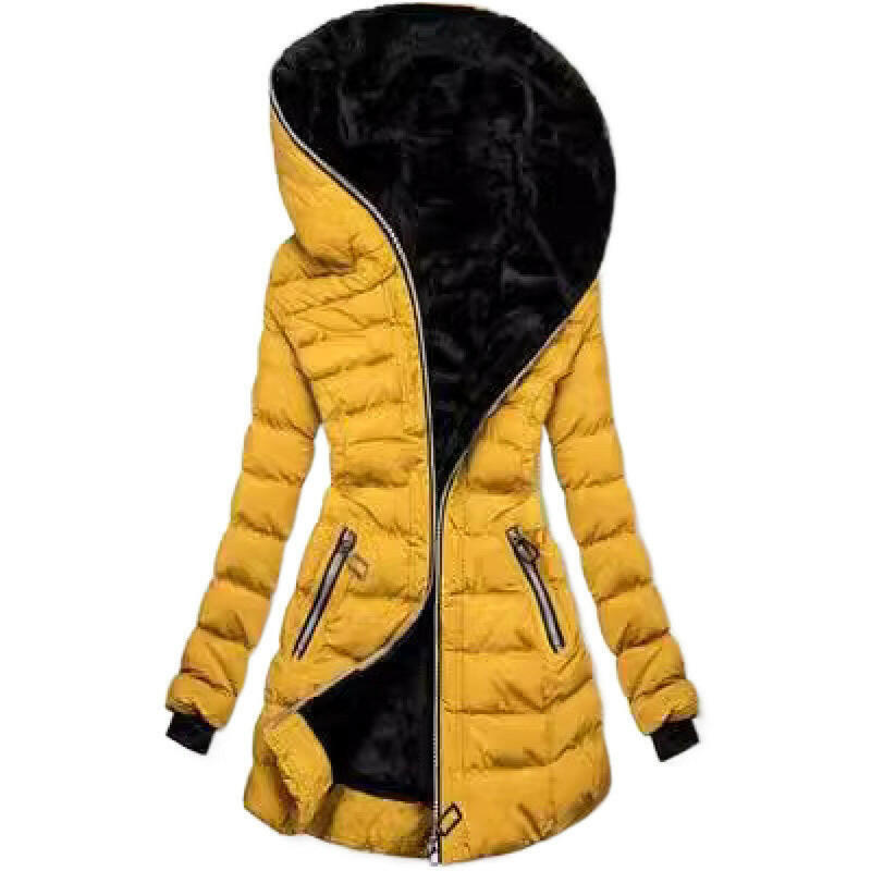 Women's Hooded Long-Sleeve Plush Cotton Winter Jacket – Warm & Cozy Mid-to-Long Length Coat.