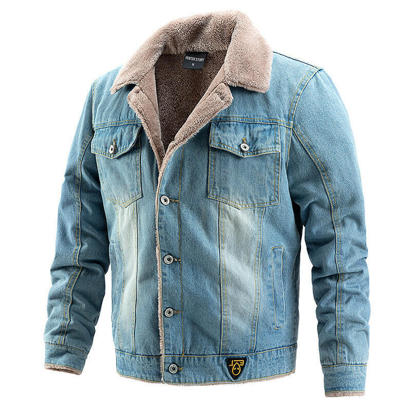 Denim jacket with plush and thick coat for men's casual denim jacket.