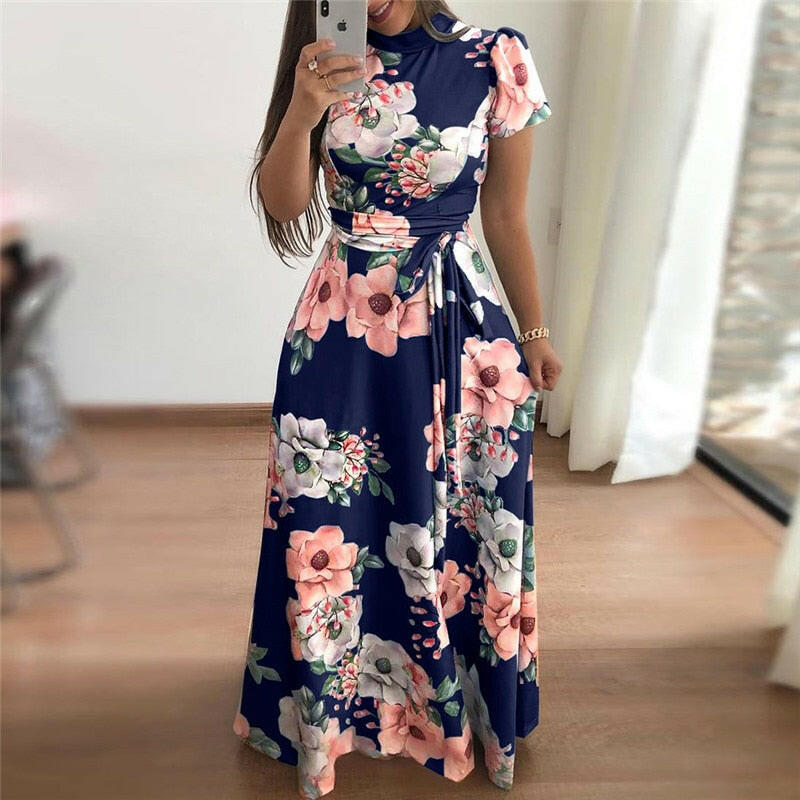 Women Summer Dress  Casual Short Sleeve Long Dress Boho Floral Print Maxi Dress Turtleneck Bandage Elegant Dresses Vestido.