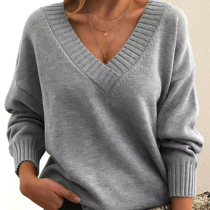 Women's European & American Loose V-Neck Pullover Sweater – Casual & Versatile Knitwear.