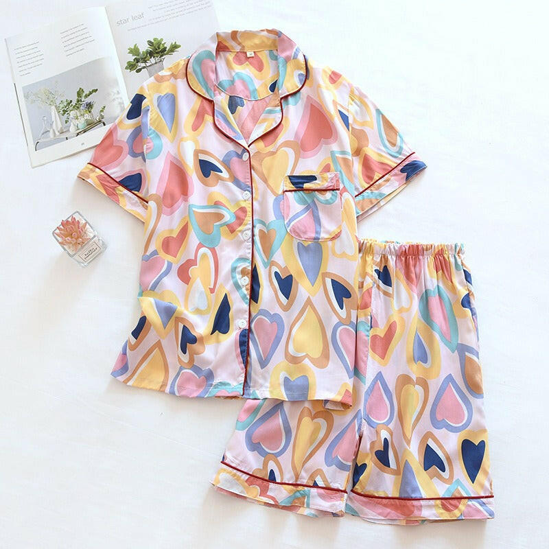 Cotton short sleeved shorts women's sleepwear set.