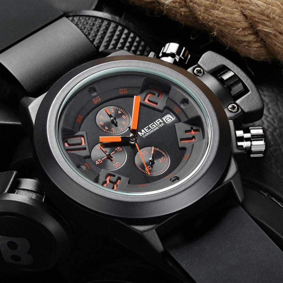 MEGIR Men's Casual Quartz Watch - 3D Engraved Dial, Waterproof Military Sport Watch, Silicone Strap.