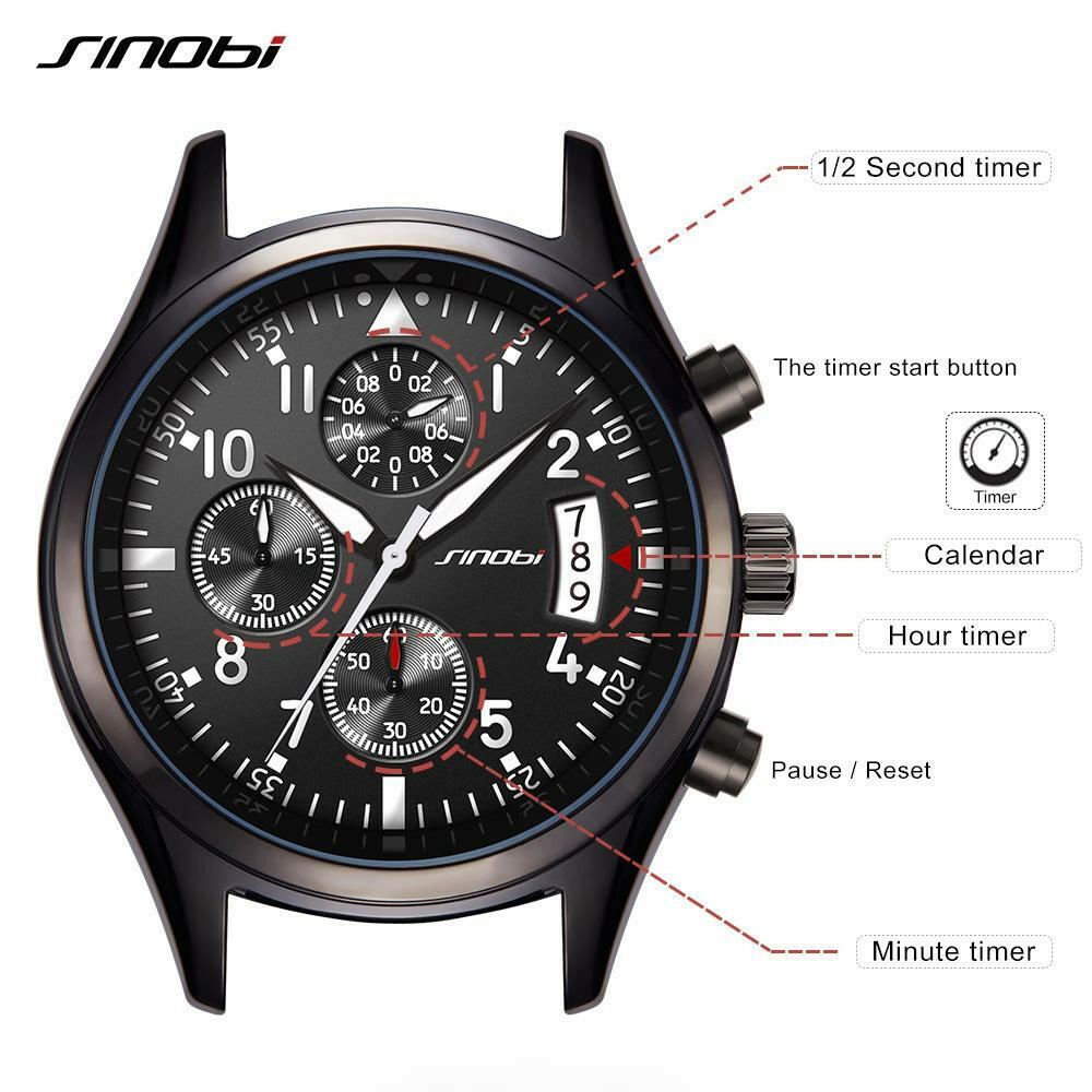 SINOBI Pilot Men's Chronograph Wrist Watch - Waterproof Quartz Clock with Shock Resistance.