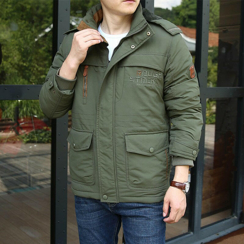 Men's Winter Thick Cotton Jacket – Fleece-Lined, Warm, Multi-Pocket, Medium to Long Length.