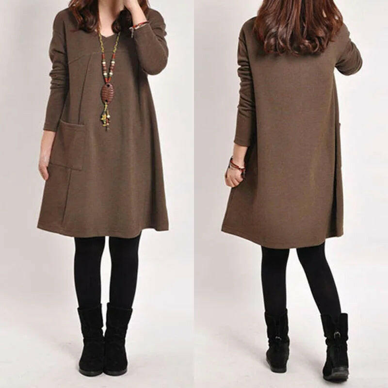 Autumn & Winter Long-Sleeved Pocket Loose Dress for Women.