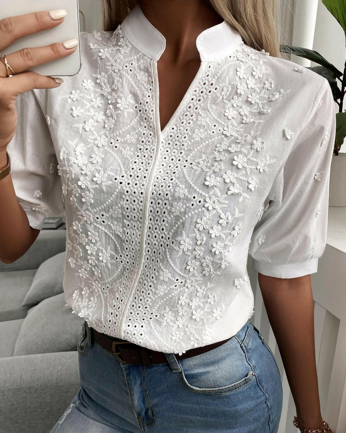 New V-Neck Stand-Up Collar Embroidered Lace Top Shirt.