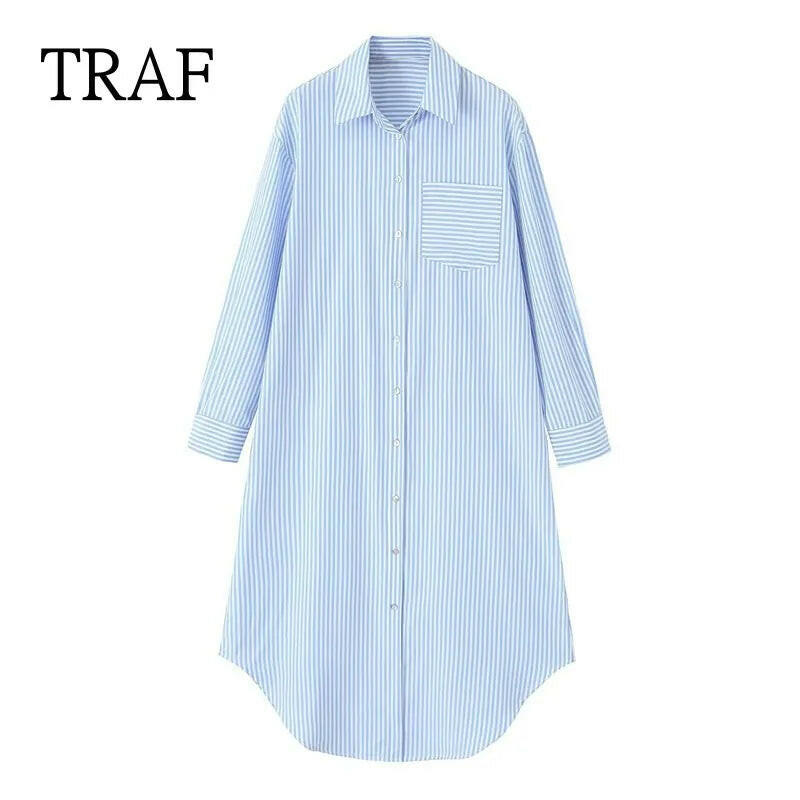 TRAF Stripe Shirt Dress Women  Fashion Loose Long Dresses For Woman Clothing Irregular Casual Dress Vintage Ladies Dresses.