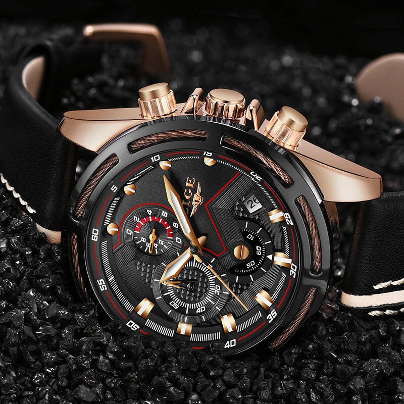 LIGE Watch Men Sport Quartz Clock Leather Mens Watches Top Brand Luxury Gold Waterproof Business Watch.