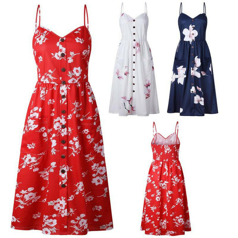 Sexy Women Floral Sleeveless Long Dresses Ladies Spaghetti Strap Sundress Printing Sling Button Backless Sexy Dress 20 Color W6.