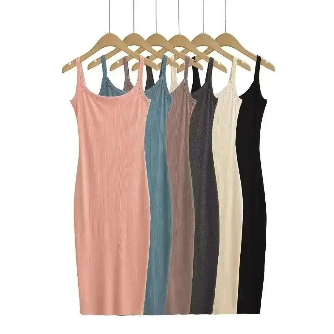 Summer Spaghetti Strap Knits Midi Dress Women Backless Split Slim Elastic 6 Colors Dresses.