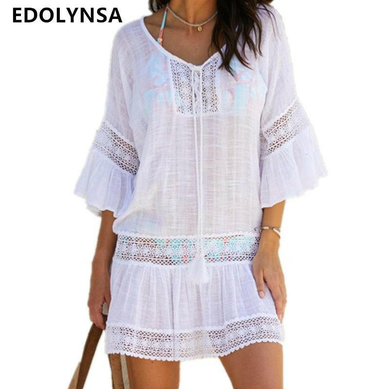 Bamboo Cotton Summer Pareo Beach Cover Up Sexy Swimwear Women Swimsuit Cover Up Kaftan Beach Dress Tunic White Beachwear Q382.