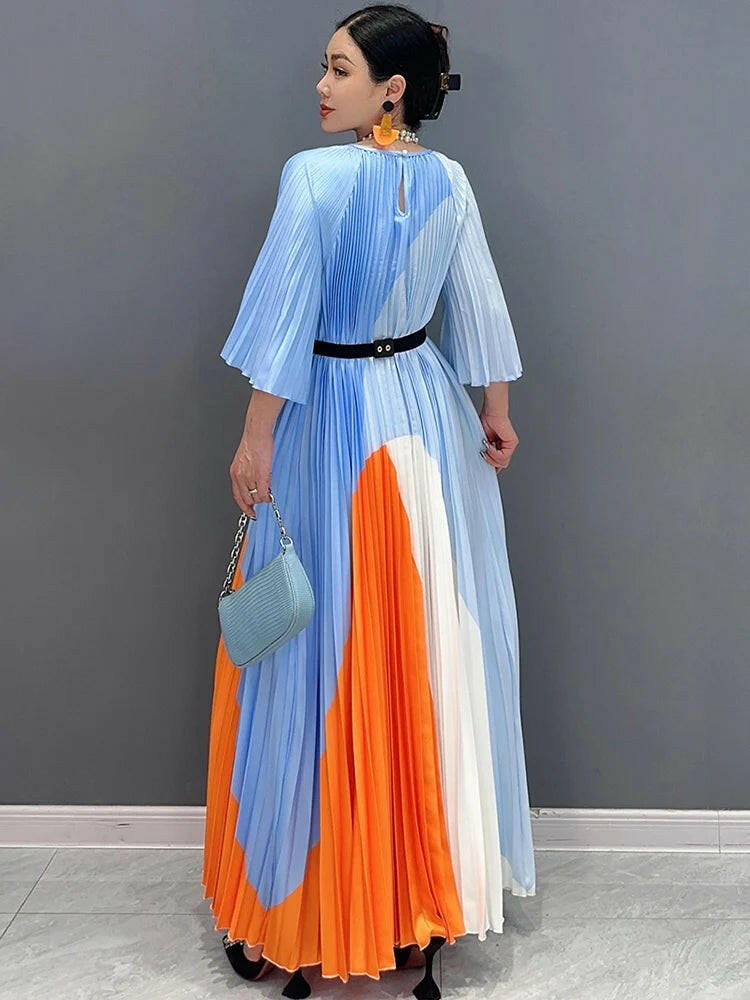 Summer New Hundred Pleated Printed Long Dress With O-Neck Half Sleeves Elegant Ladies Flare Women Dresses.