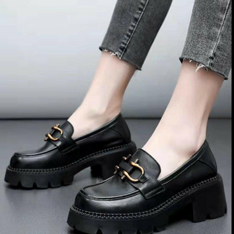 Women’s Platform Chunky Heel Slip-On Shoes – Stylish Metal Buckle Casual Loafers.