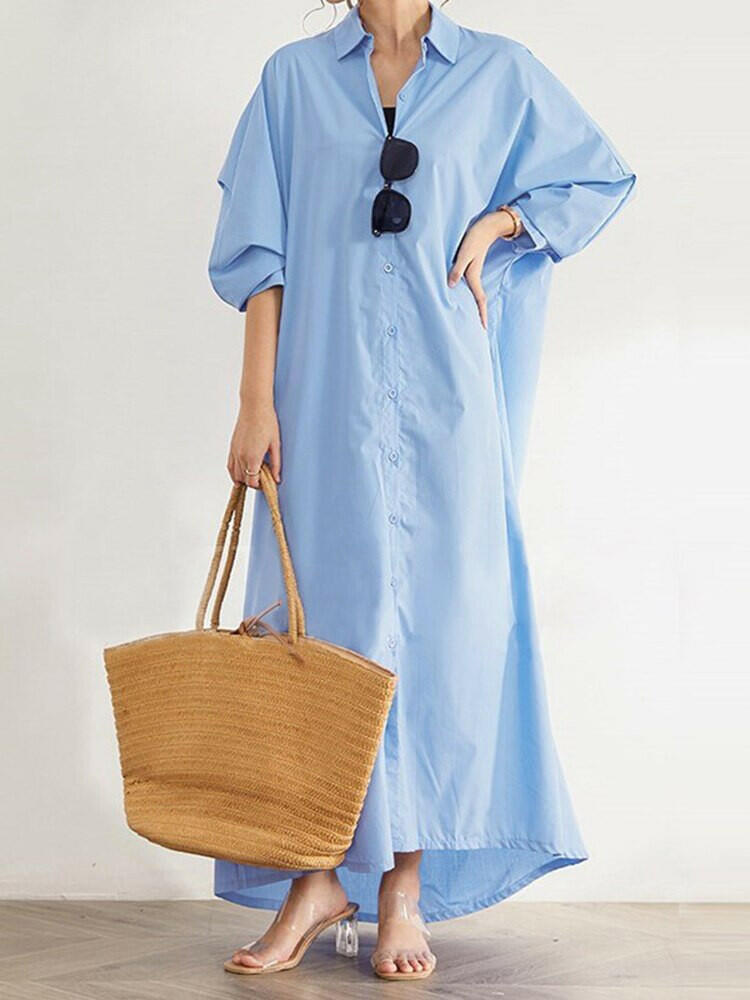 Versatile Long Sleeve Dress For Women Summer Solid Color Loose Big Size Single Breasted Casual Long Dresses.