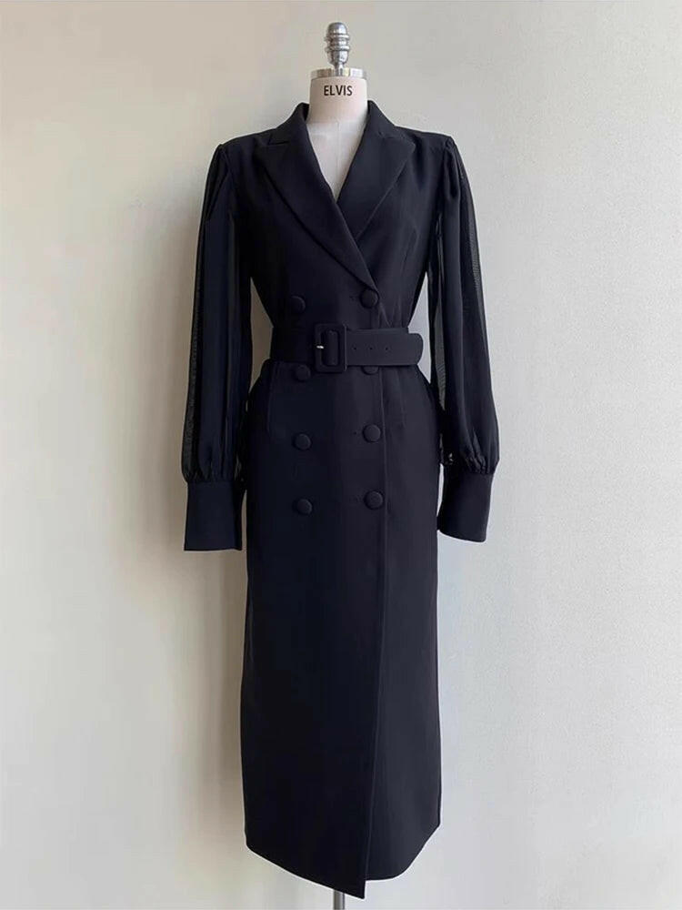 Korean chic Double Breasted Lantern Sleeve Belt Blazer Dress Fashion Elegant Waist Dresses Women Spring Summer.