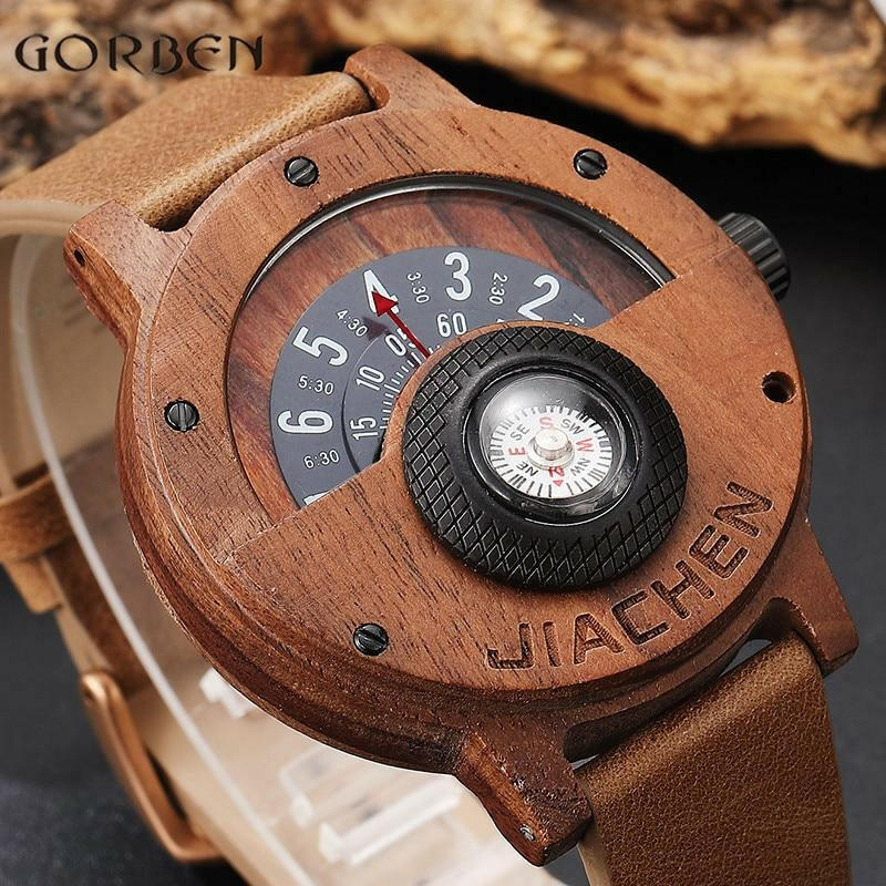 Unique Compass Turntable Design Mens Wooden Watch.