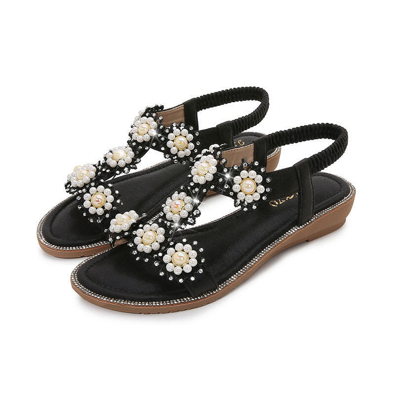 New Casual Ladies Sandals Thong Flower Pearl Decorative Elastic Band Sandals for Women.