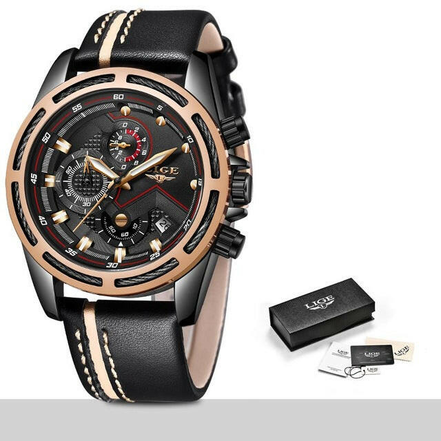 LIGE Watch Men Sport Quartz Clock Leather Mens Watches Top Brand Luxury Gold Waterproof Business Watch.