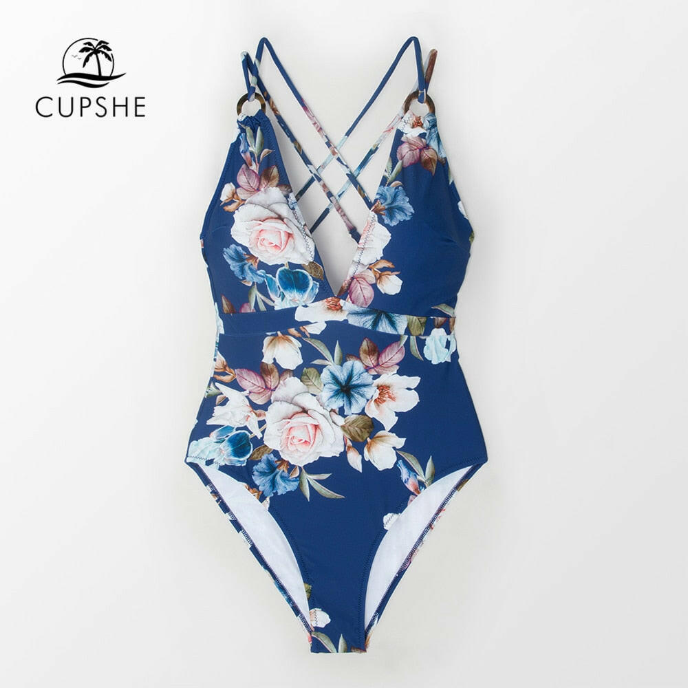 CUPSHE Blue Floral Strappy One-Piece Swimsuit Women Sexy Crisscross Monokini Swimwear Girl Beach Bathing Suits.