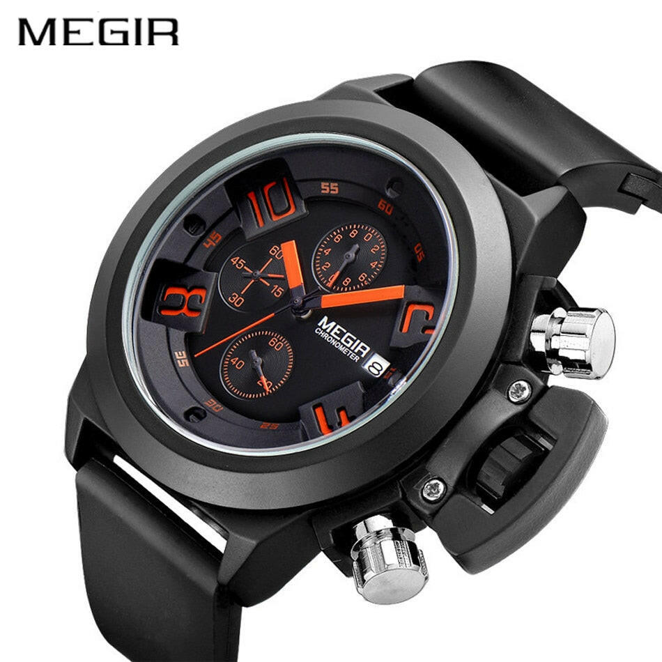 MEGIR Men's Casual Quartz Watch - 3D Engraved Dial, Waterproof Military Sport Watch, Silicone Strap.