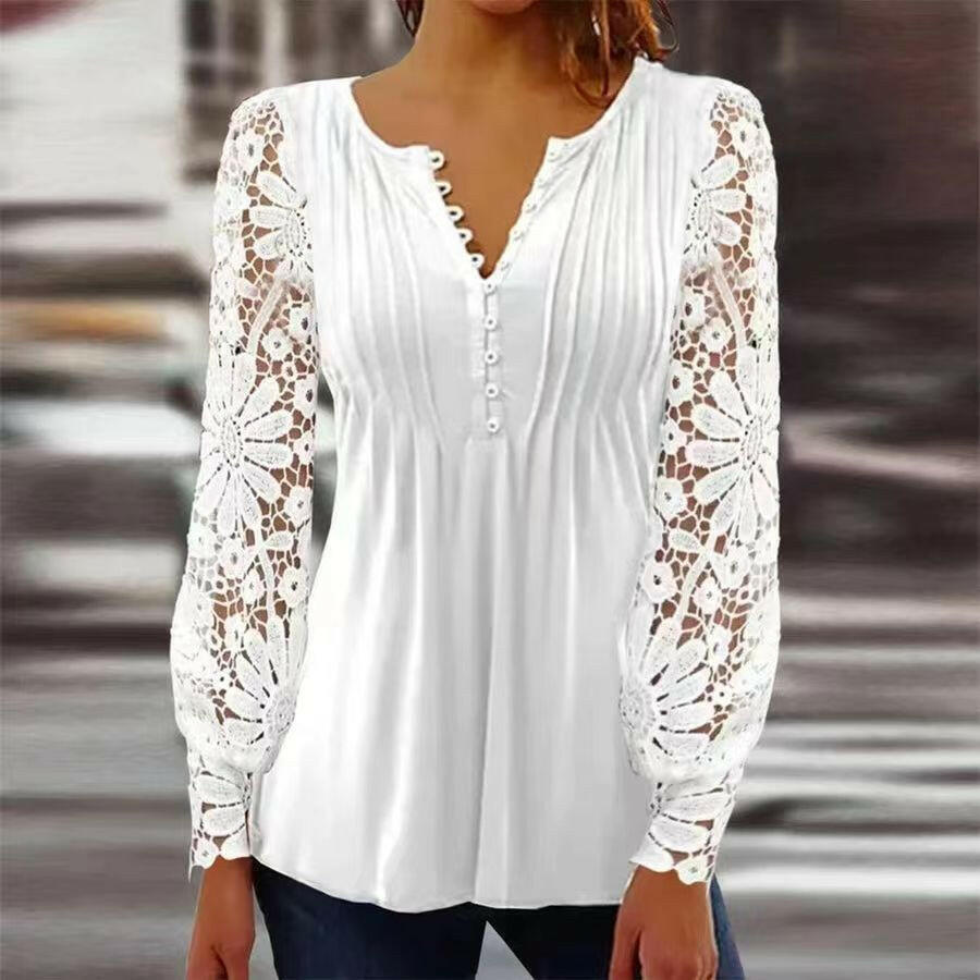 Fashionable new women's lace lace sleeves with pleats solid color button down t-shirt base shirt.