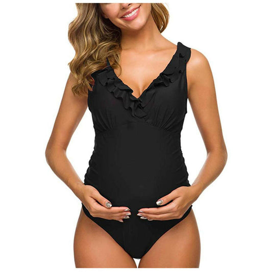 Women Maternity swimwear Pregnant one piece swimsuit Solid Bikinis Swimsuit Beachwear Ruffles Bathing Suit.