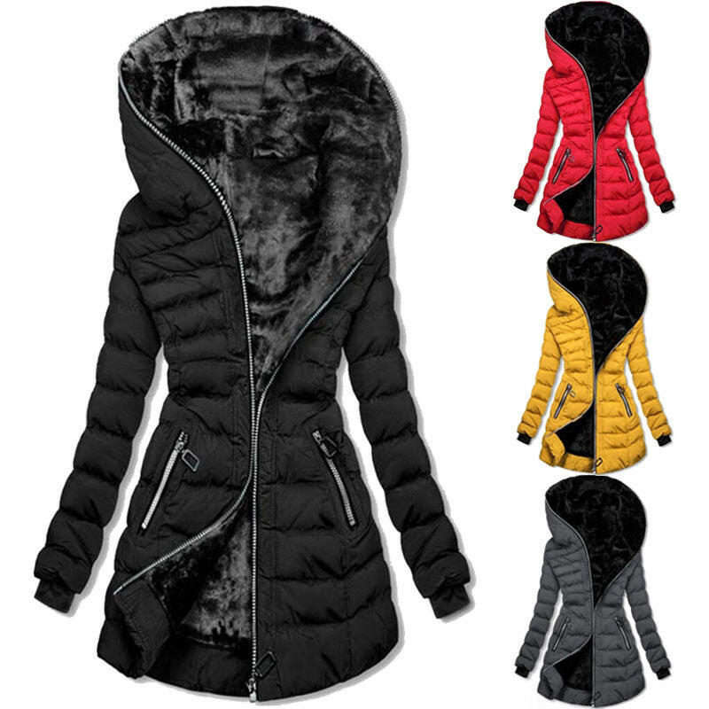 Women's Hooded Long-Sleeve Plush Cotton Winter Jacket – Warm & Cozy Mid-to-Long Length Coat.