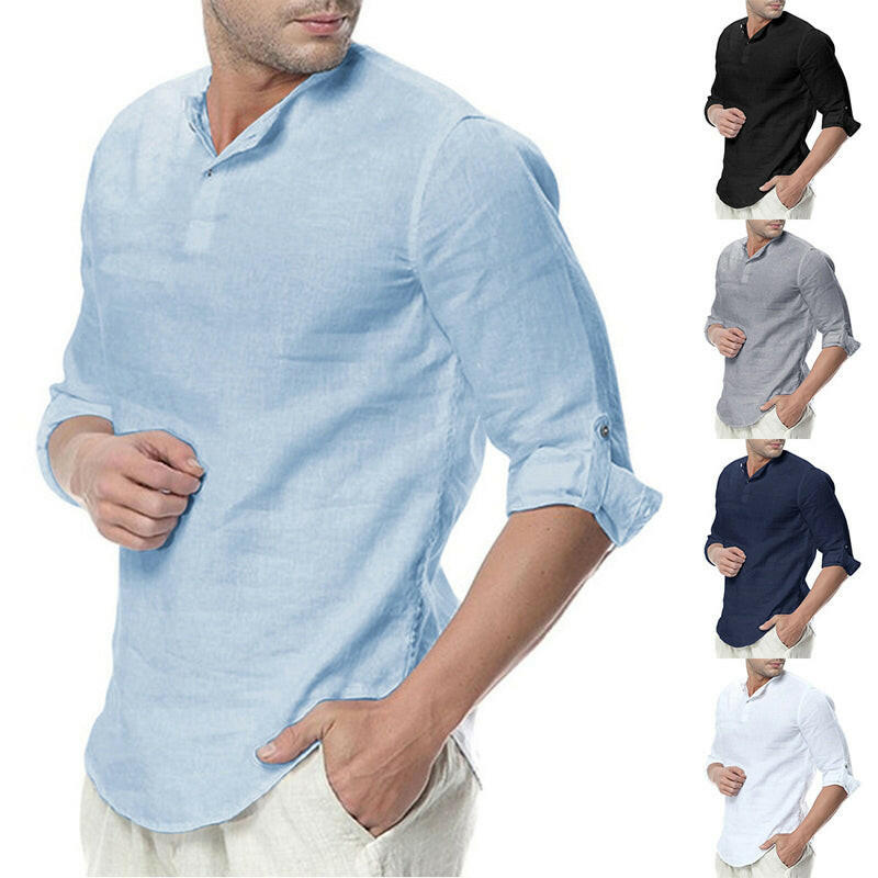 Men’s Summer Long Sleeve Cotton Linen Shirt – Breathable & Casual.