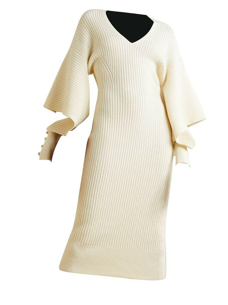 Hollow Out Knitted Dress For Women V Neck Long Sleeve Solid Color.