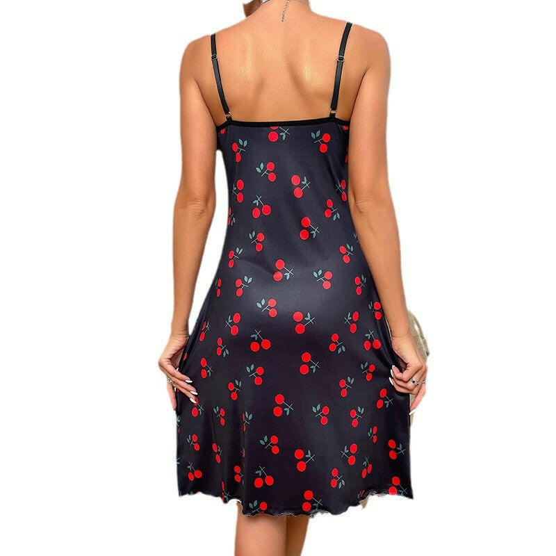 Cherry Heart Printed Sexy Lingerie Nightgown - Elegant & Alluring.