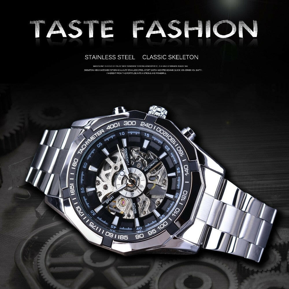 Silver Stainless Steel Waterproof Mens Skeleton Watches Top Brand Luxury Transparent Mechanical Male Wrist Watch.