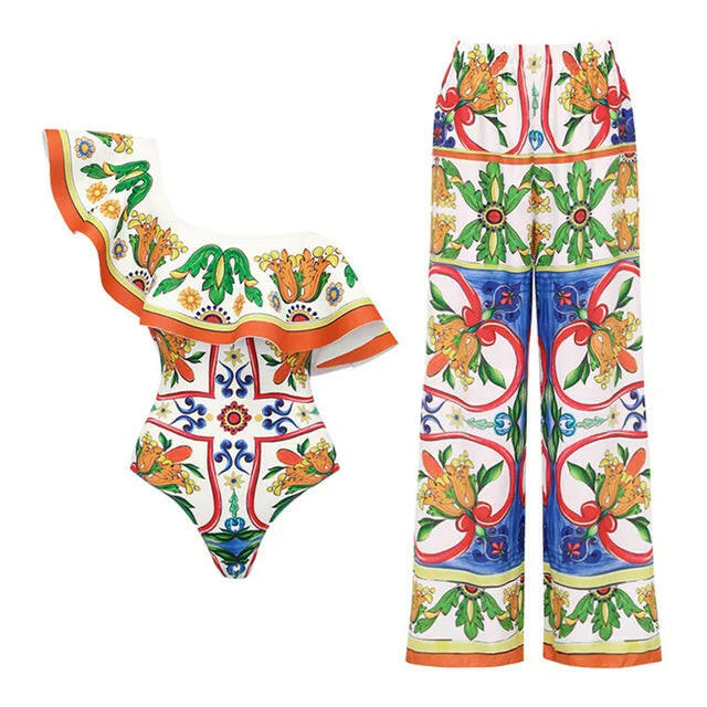 New Women's Lotus Edge Enamel Print Beach Vacation One Piece Swimwear Set.