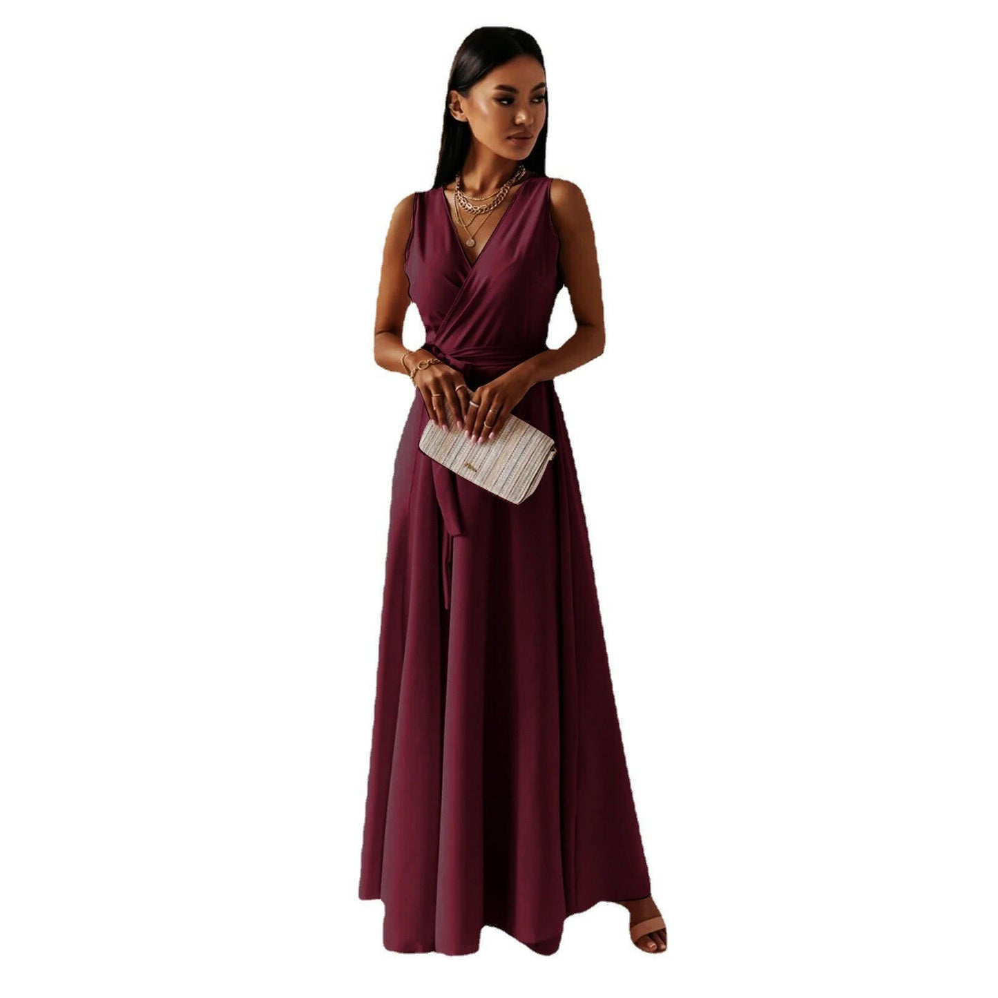 New Women's Solid Color V-Neck Long Dress – Elegant Style.