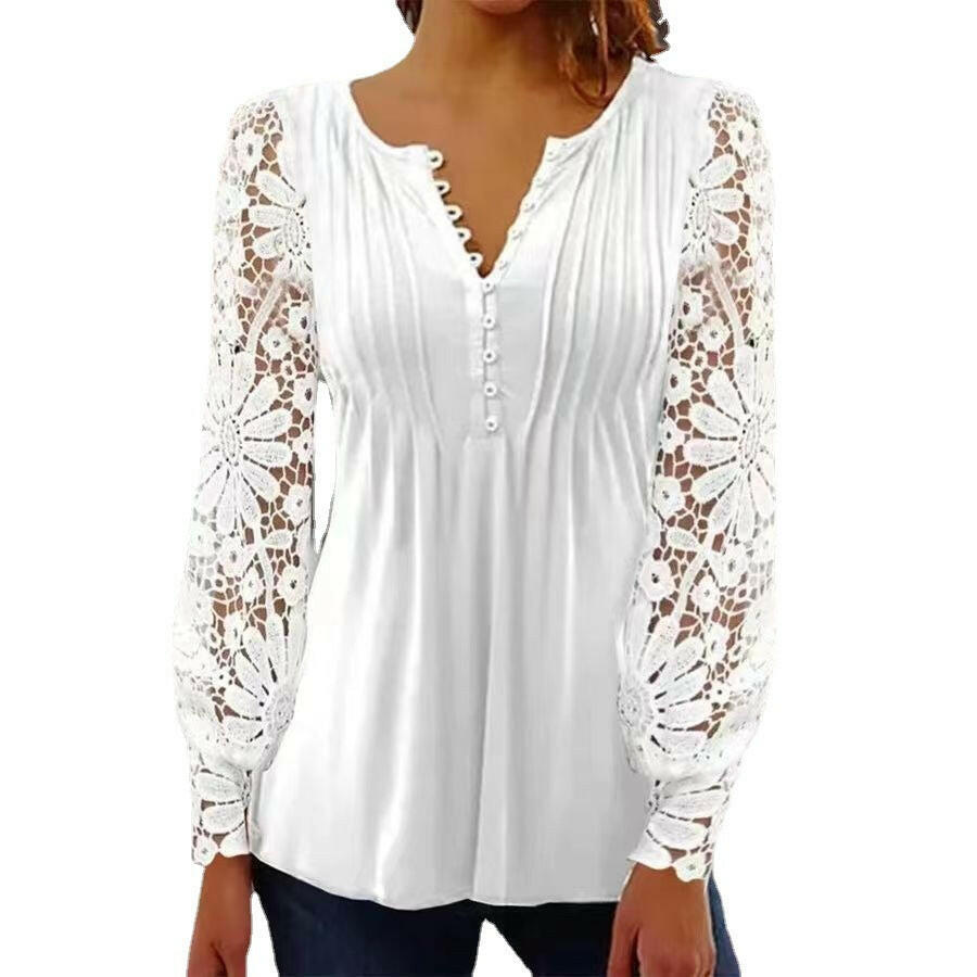 Fashionable new women's lace lace sleeves with pleats solid color button down t-shirt base shirt.