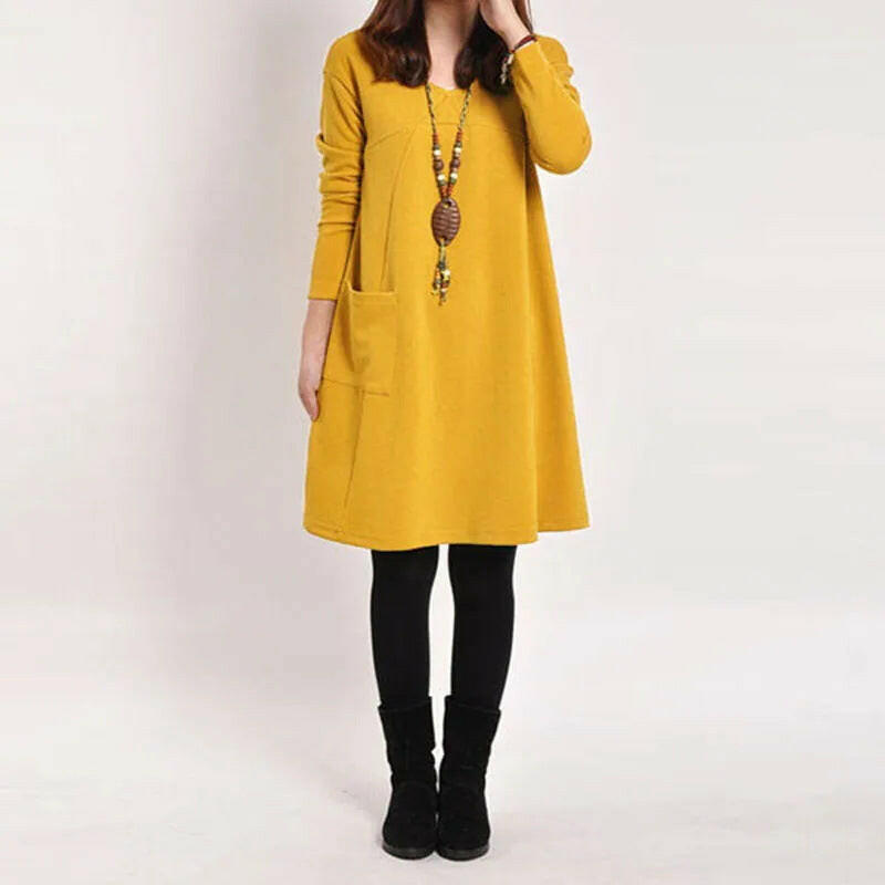 Autumn & Winter Long-Sleeved Pocket Loose Dress for Women.