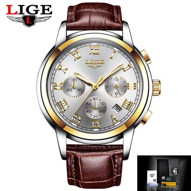 Lige Casual Fashion Trend Business Waterproof Belt Watch | Men's Multi-Function Luminous Watch.