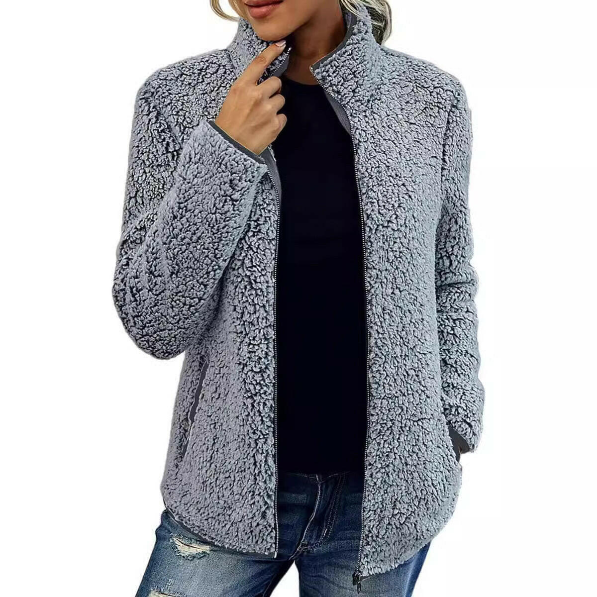 Women's Stand-Up Collar Solid Color Hoodie – Casual Long-Sleeved Zipper Jacket.