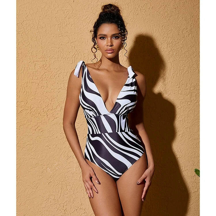 Women's V-Neck Printed One-Piece Swimsuit and Skirt Bikini Set - Summer Outfits.