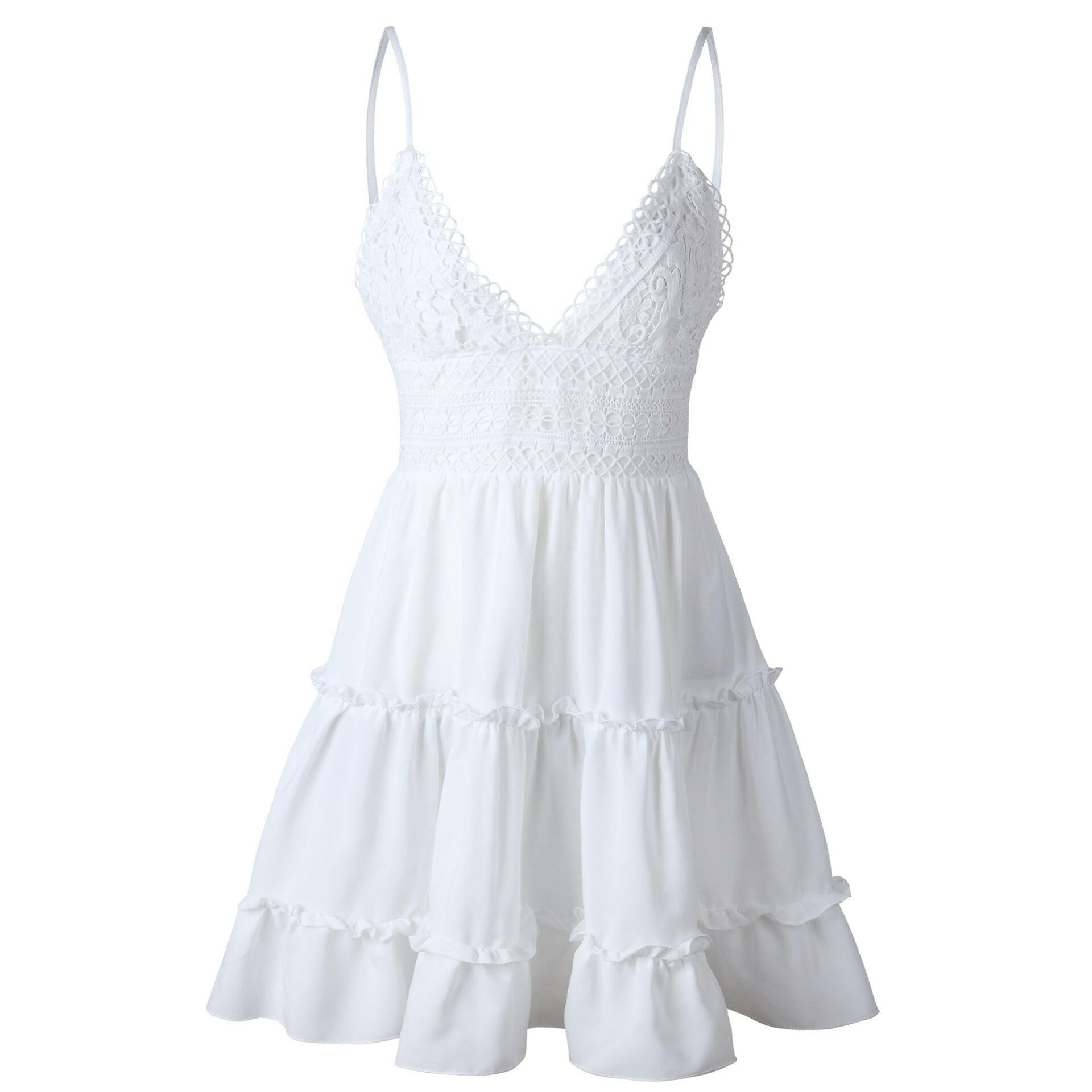 Summer Women Lace Dress Sexy Backless V-neck Beach Dresses  Fashion Sleeveless Spaghetti Strap White Casual Mini Sundress.