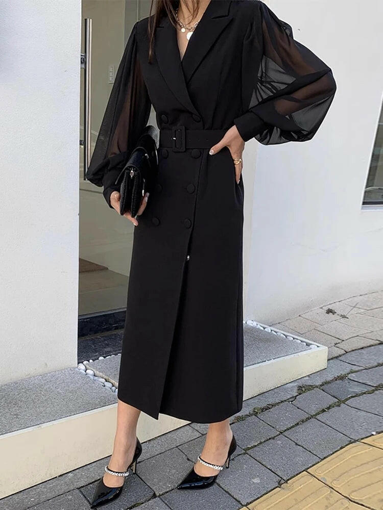 Korean chic Double Breasted Lantern Sleeve Belt Blazer Dress Fashion Elegant Waist Dresses Women Spring Summer.