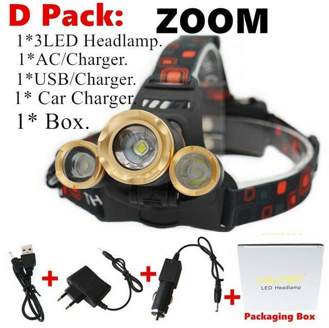 15000Lm XM-T6x3 LED Headlight ZOOM Flashlight Torch Camping Fishing Headlamp lantern Use 2*18650 battery / AC/Car/Usb/ charging.