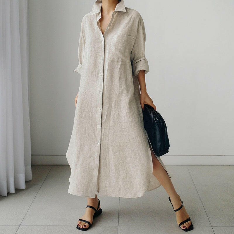 Summer Casual  Long Sleeve Shirt Dress Women Irregular Cardigan Turn-down Collar Elegant Long Dresses.