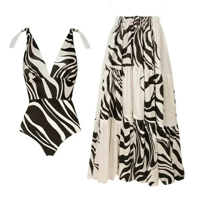 Women's V-Neck Printed One-Piece Swimsuit and Skirt Bikini Set - Summer Outfits.