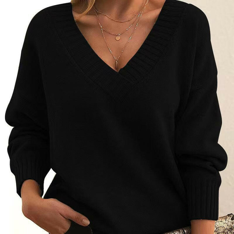 Women's European & American Loose V-Neck Pullover Sweater – Casual & Versatile Knitwear.