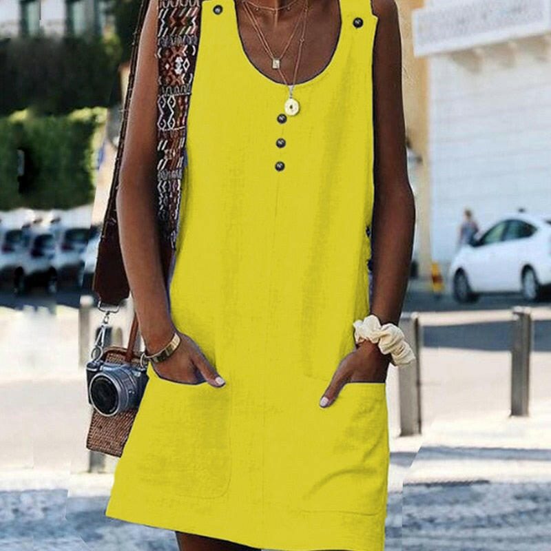 O-neck Button Mini Dresses Summer Solid sleeveless Pockets Dress Casual Beach A-line Dress.