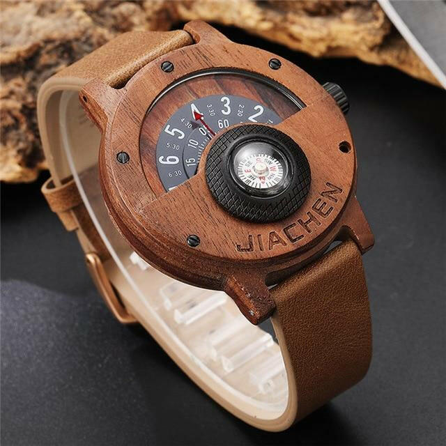 Unique Compass Turntable Design Mens Wooden Watch.