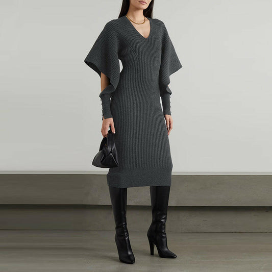 Hollow Out Knitted Dress For Women V Neck Long Sleeve Solid Color.