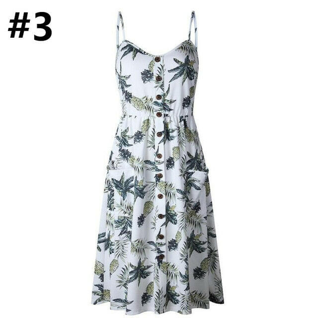 Sexy Women Floral Sleeveless Long Dresses Ladies Spaghetti Strap Sundress Printing Sling Button Backless Sexy Dress 20 Color W6.