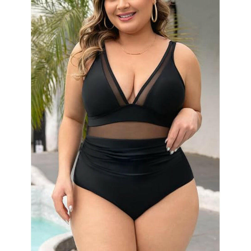 Women's Solid Color Sexy One-Piece Plus Size Swimsuit – Mesh Splicing Beachwear.