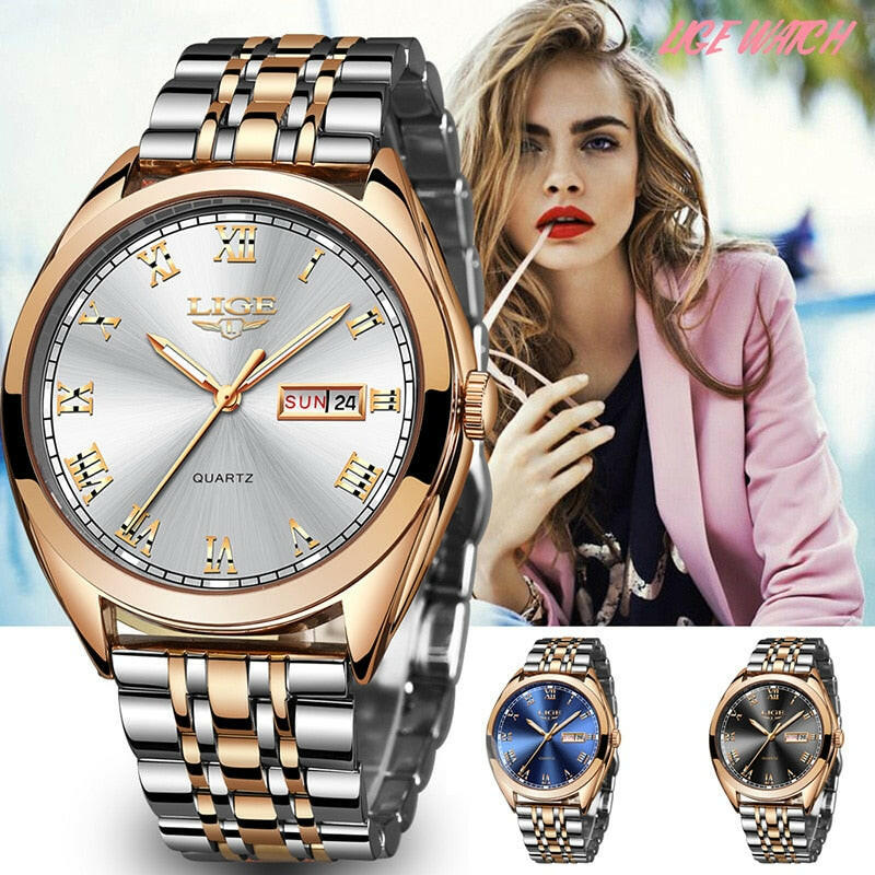 LIGE New Rose Gold Women’s Watch - Business Quartz Watch.